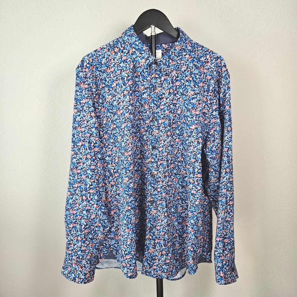 Con.Struct Button Down Shirt Mens XL Blue Floral Slim Fit 4 Way Stretch Modern